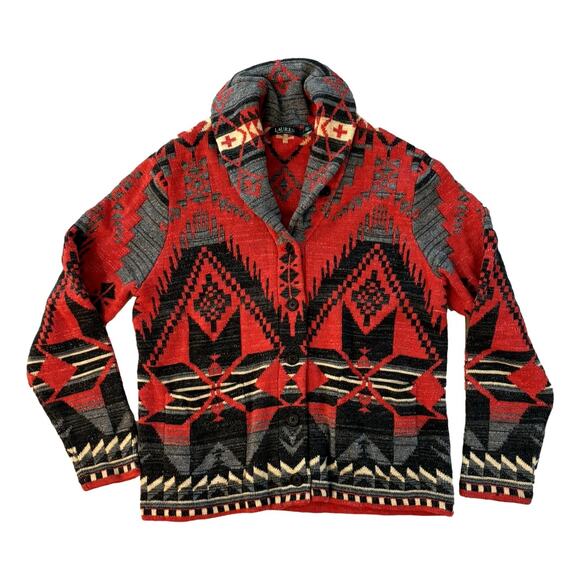 Lauren Ralph Lauren Southwestern Shawl Collar Knit Cardigan Gray Cotton Size L - Picture 1 of 14